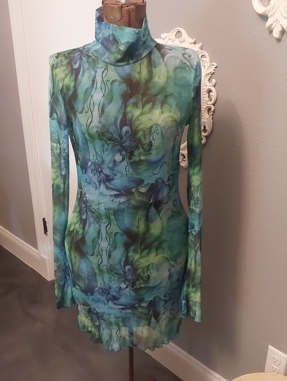 SHEIN Sheee Blue-Green Floral Turtleneck Long Sleeve Bodycon Dress